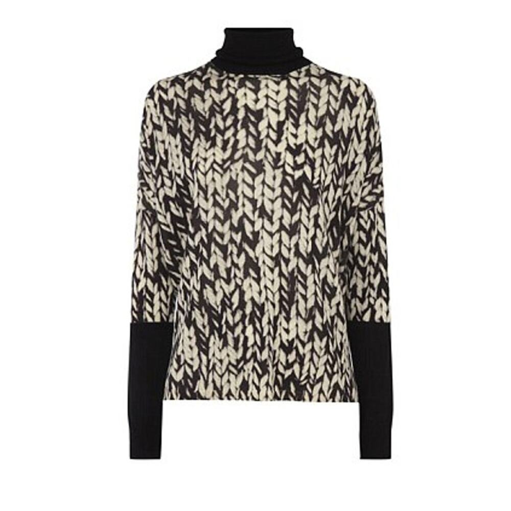 KAREN MILLEN abstract print thin 100% wool white black turtleneck sweater top